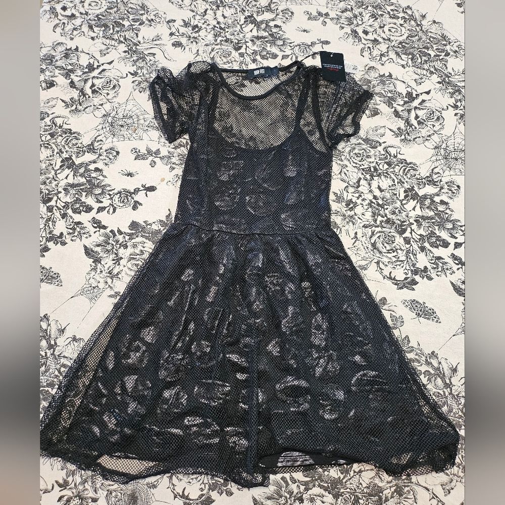 Dolls Kill Retired Iron Fist Black Layered Mesh Dress with Skulls